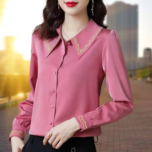 Satin Embroidery Elegant Chic Fashion Long Sleeve Button Up Shirt - Image 2