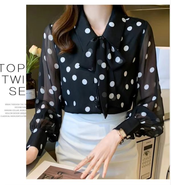 Fashion Turn-down Collar Bow Pattern Long Sleeve Single Breasted Tops - Image 7