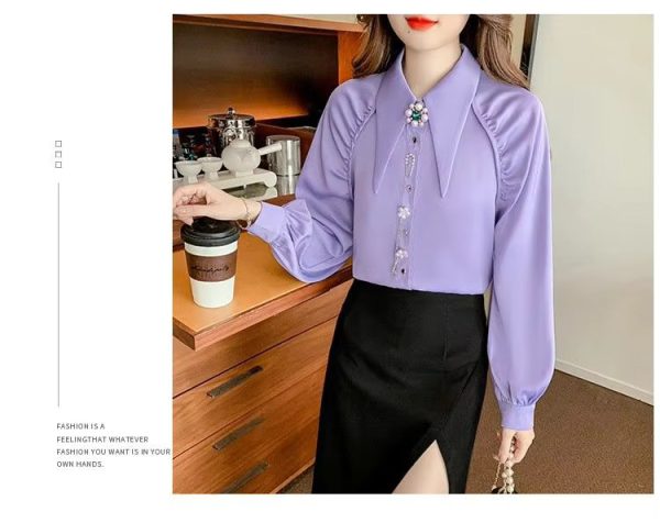 Beading Diamonds Korean Single-breasted Fashion  Elegant Lapel Shirt - Image 3