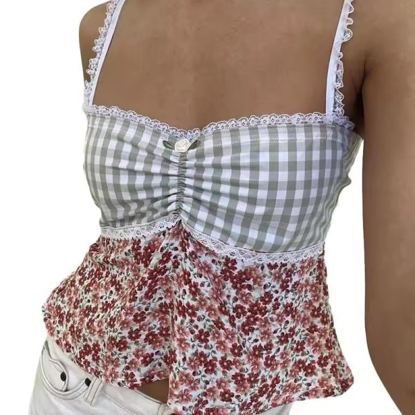 Plaid Floral Fashion Camisoles  Lace Trim Sleeveless Sling Tank Slim Vests Tops - Image 3