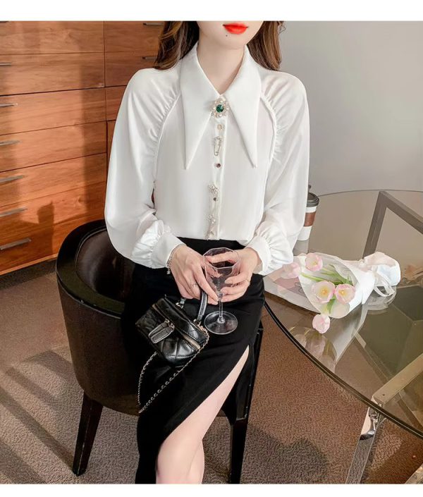 Beading Diamonds Korean Single-breasted Fashion  Elegant Lapel Shirt - Image 4