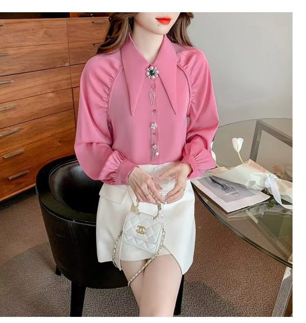 Beading Diamonds Korean Single-breasted Fashion  Elegant Lapel Shirt - Image 6