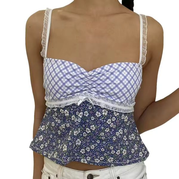 Plaid Floral Fashion Camisoles  Lace Trim Sleeveless Sling Tank Slim Vests Tops