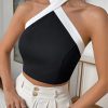 Contrast Trim Halter Neck Casual Backless Sleeveless Tank Top - Image 5