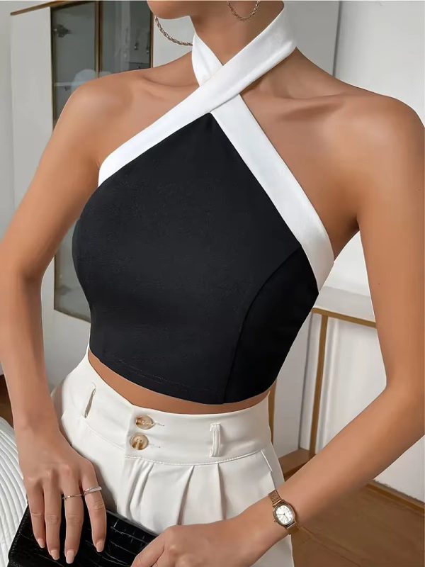 Contrast Trim Halter Neck Casual Backless Sleeveless Tank Top - Image 5