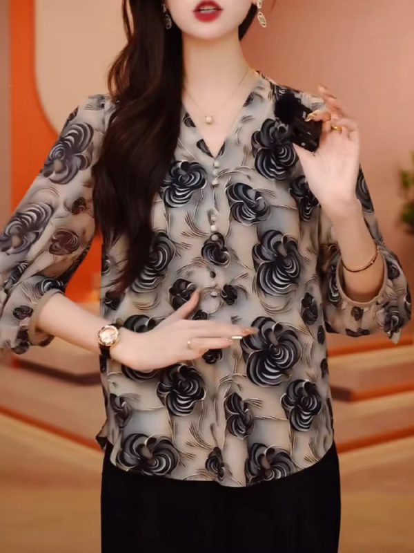 Flowers V-neck  Stylish Sweet Ruffles Spliced Loose Shirt - Image 4