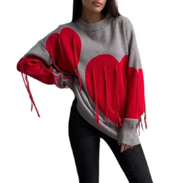 Round Neck Knitwear Tassel Contrast Color Long Sleeve Ribber Loose Fit  Sweater Tops - Image 3