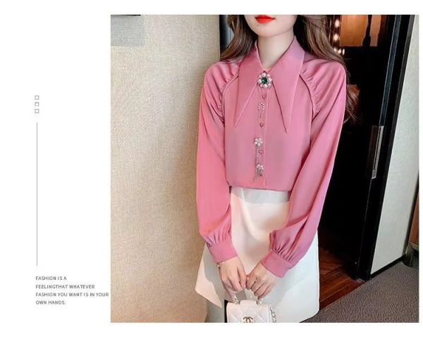 Beading Diamonds Korean Single-breasted Fashion  Elegant Lapel Shirt - Image 2