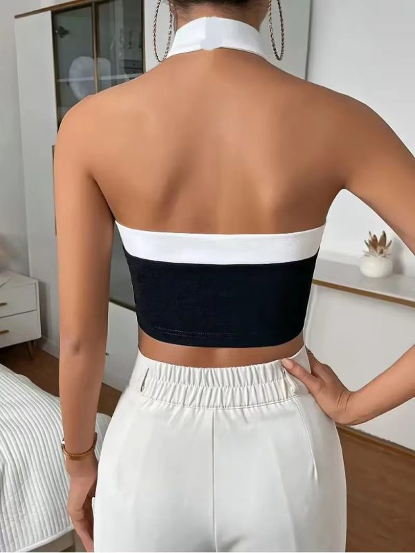 Contrast Trim Halter Neck Casual Backless Sleeveless Tank Top - Image 2