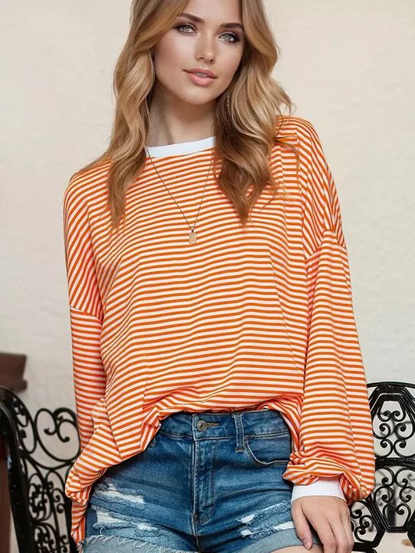 Strips Printed Long Sleeves Two-Tone Dropped Shoulder Sweatshirt