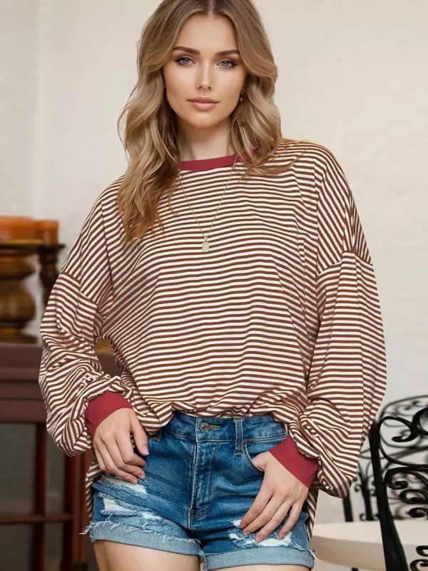 Strips Printed Long Sleeves Two-Tone Dropped Shoulder Sweatshirt - Image 4