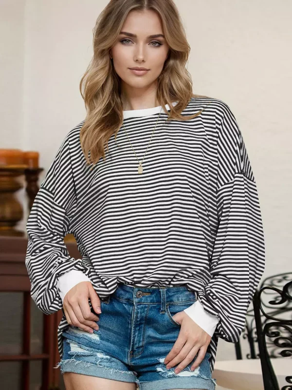 Strips Printed Long Sleeves Two-Tone Dropped Shoulder Sweatshirt - Image 6