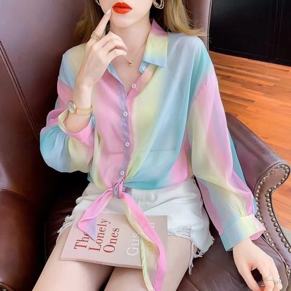 Thin Chiffon Lace Up Cardigan Long Sleeve Sun Protection Plus Size Shirt - Image 3