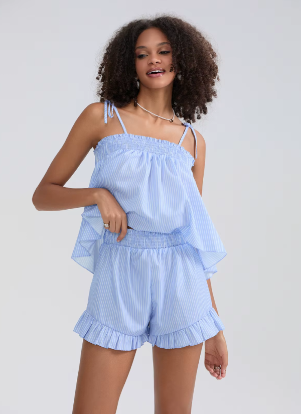 Tied Shoulder Striped Slips Camis and Ruffled Trim Shorts Loungewear Sets - Image 5