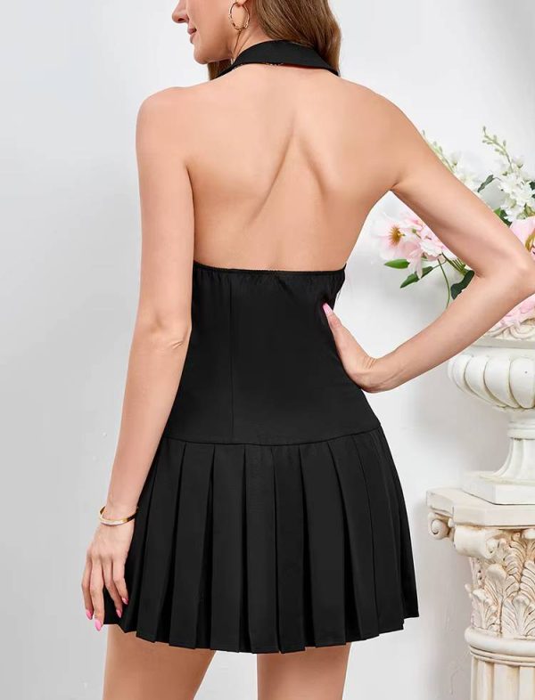 Trendy V-Neck Single Breasted Button Backless Halter Neck Mini Dress - Image 6