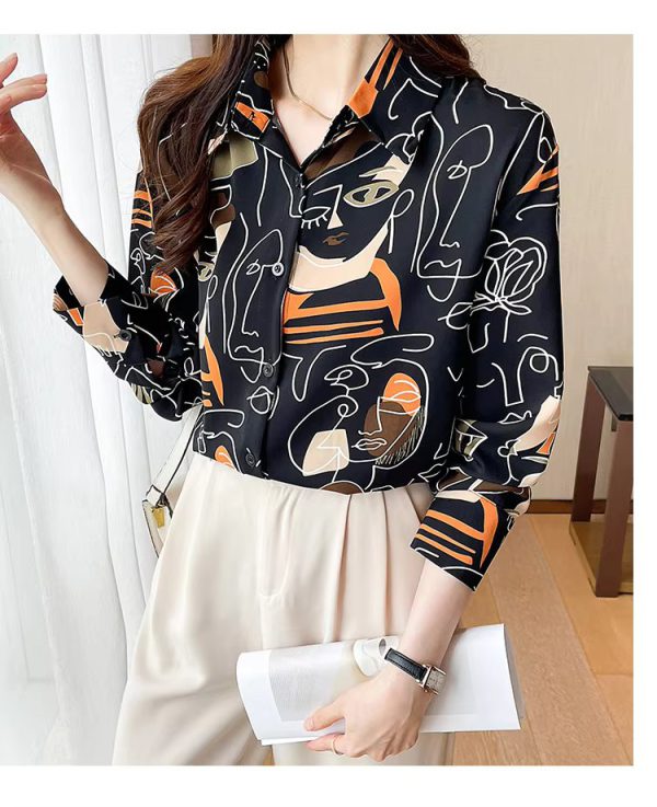 Turn-down Collar Long Sleeve Casual All-match Simplicity Loose Abstract Chiffon Tops