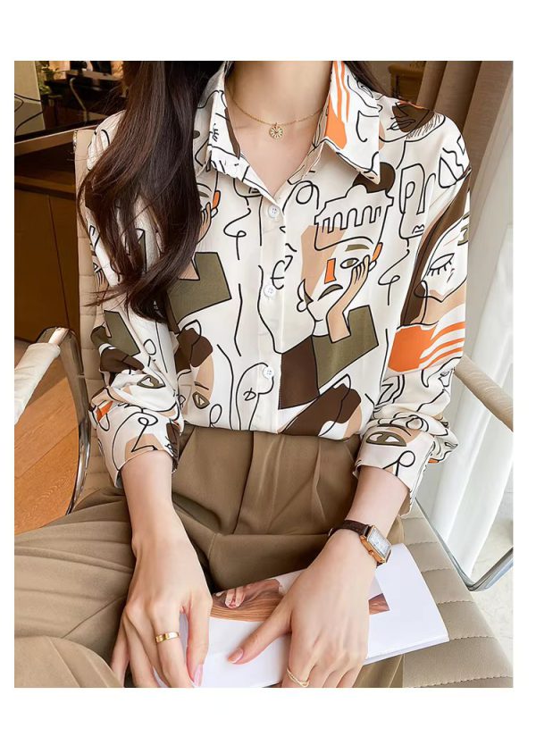 Turn-down Collar Long Sleeve Casual All-match Simplicity Loose Abstract Chiffon Tops - Image 10