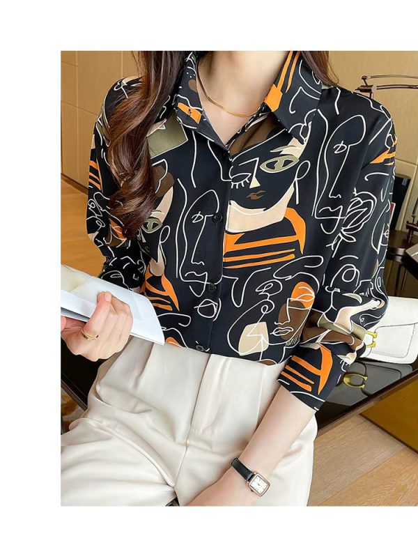 Turn-down Collar Long Sleeve Casual All-match Simplicity Loose Abstract Chiffon Tops - Image 12