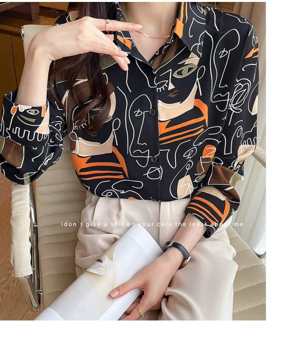 Turn-down Collar Long Sleeve Casual All-match Simplicity Loose Abstract Chiffon Tops - Image 13