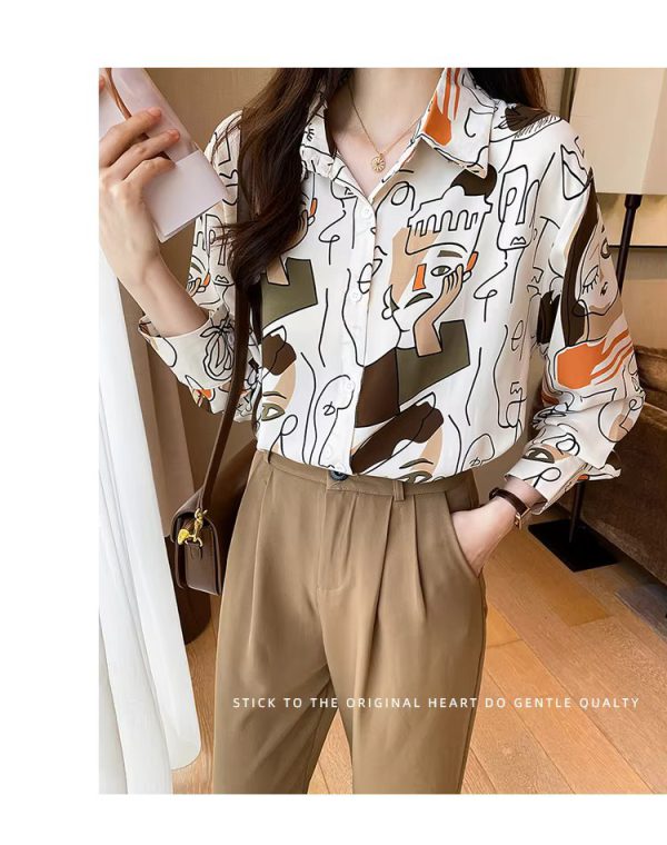 Turn-down Collar Long Sleeve Casual All-match Simplicity Loose Abstract Chiffon Tops - Image 14