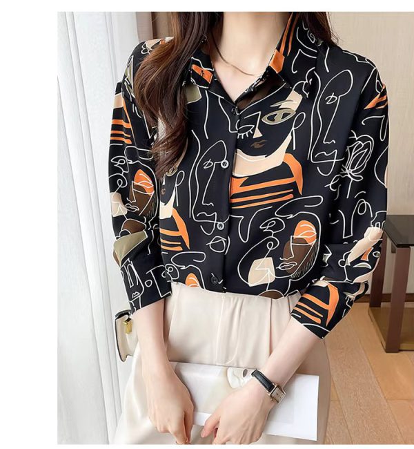 Turn-down Collar Long Sleeve Casual All-match Simplicity Loose Abstract Chiffon Tops - Image 2