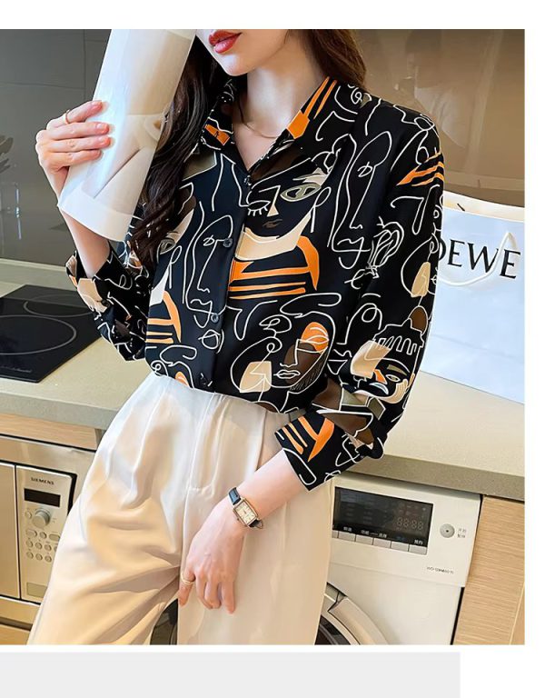 Turn-down Collar Long Sleeve Casual All-match Simplicity Loose Abstract Chiffon Tops - Image 3