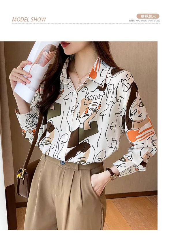 Turn-down Collar Long Sleeve Casual All-match Simplicity Loose Abstract Chiffon Tops - Image 4