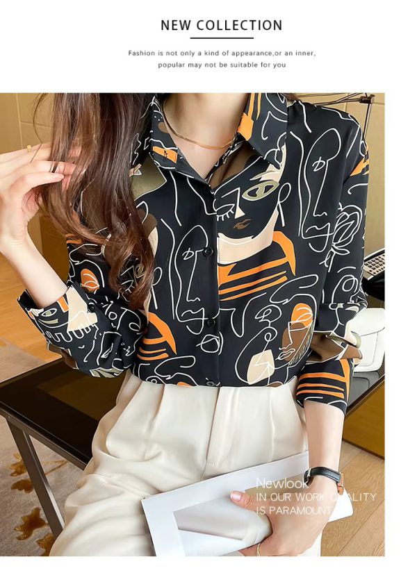 Turn-down Collar Long Sleeve Casual All-match Simplicity Loose Abstract Chiffon Tops - Image 5