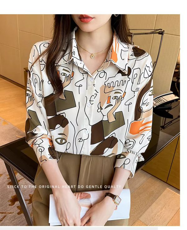 Turn-down Collar Long Sleeve Casual All-match Simplicity Loose Abstract Chiffon Tops - Image 6