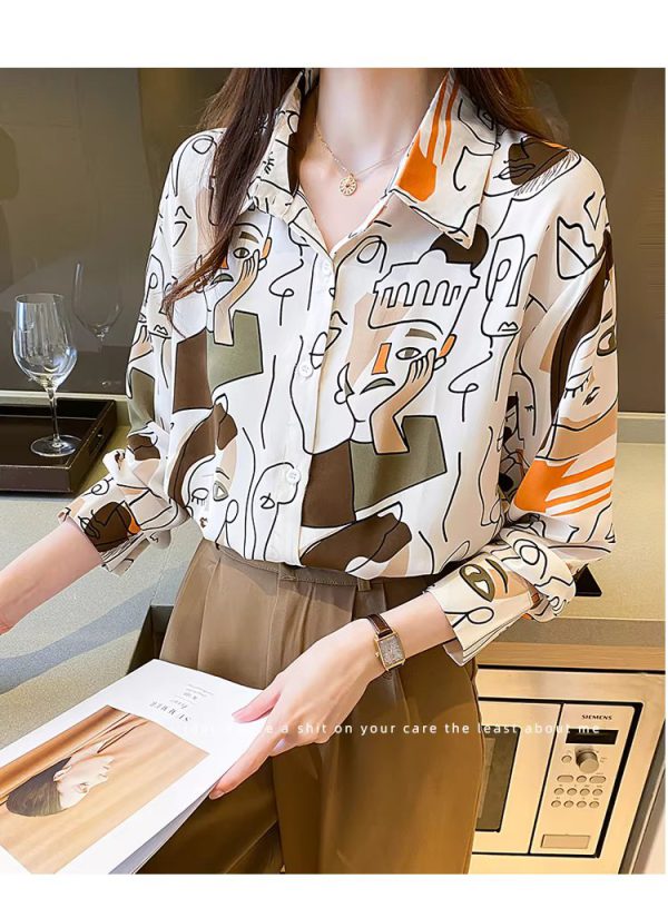 Turn-down Collar Long Sleeve Casual All-match Simplicity Loose Abstract Chiffon Tops - Image 7