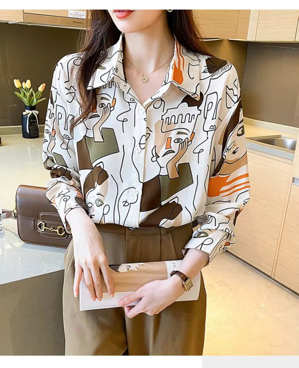 Turn-down Collar Long Sleeve Casual All-match Simplicity Loose Abstract Chiffon Tops - Image 8