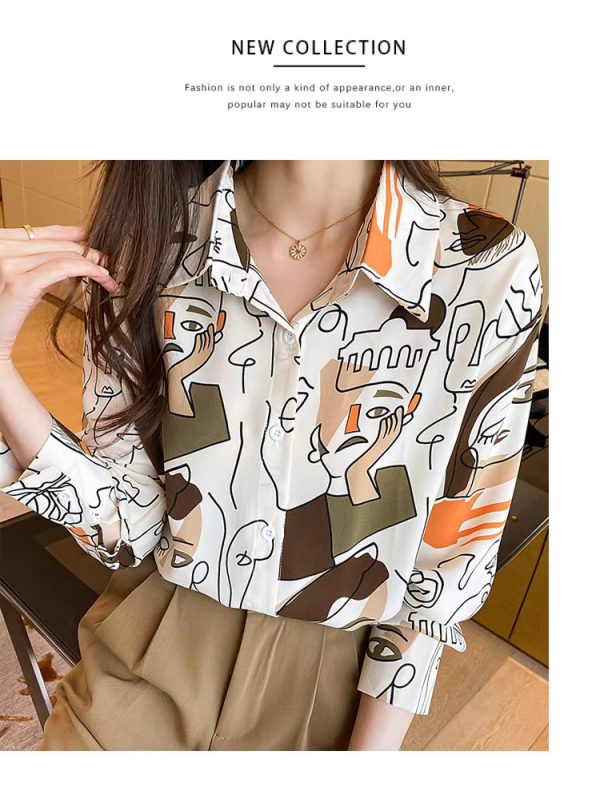 Turn-down Collar Long Sleeve Casual All-match Simplicity Loose Abstract Chiffon Tops - Image 9