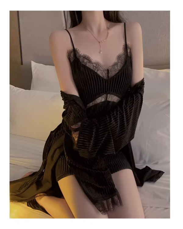 Suspender Simple Lace-up Robe Nightgown Underwear Pajamas Set