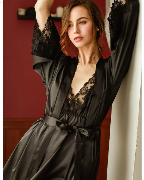 Lace openwork ice silk sling V-neck halter robe and nightdress set