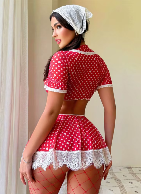 Lace splicing Polka Dot Lingerie V-Neck Crop Top Mini Skirt Thongs 3 Pieces - Image 2