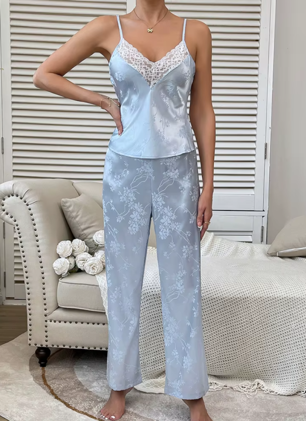 Elegant V-Neck Lace Trim Cami Top Pants Satin Pajamas Trouser Sets - Image 3