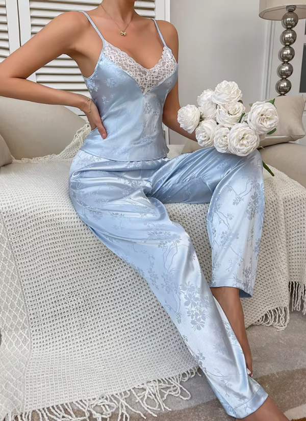 Elegant V-Neck Lace Trim Cami Top Pants Satin Pajamas Trouser Sets