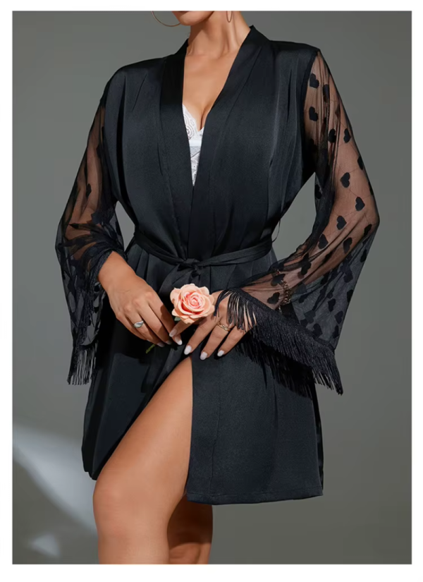 Elegant Heart Mesh Sleeve Dressing Ice Silk Nightgown Outer Robe - Image 3