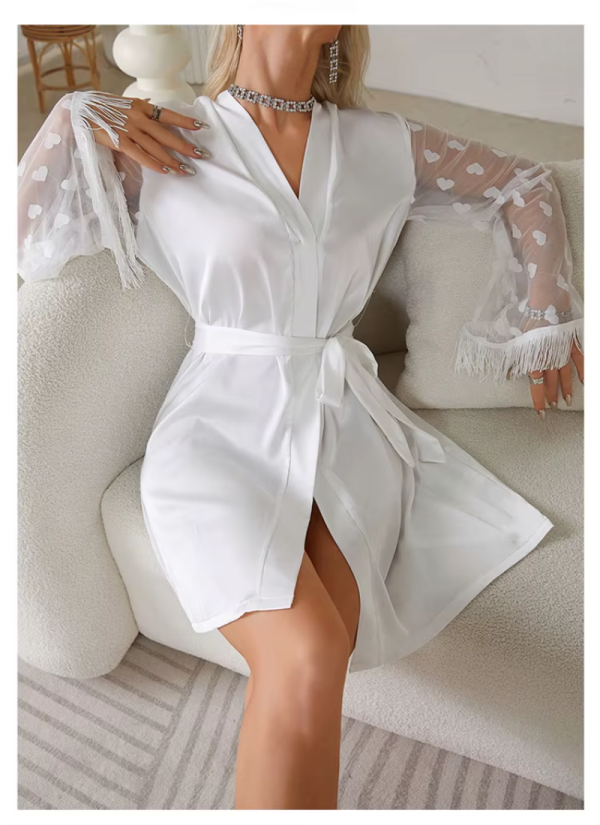 Elegant Heart Mesh Sleeve Dressing Ice Silk Nightgown Outer Robe - Image 5