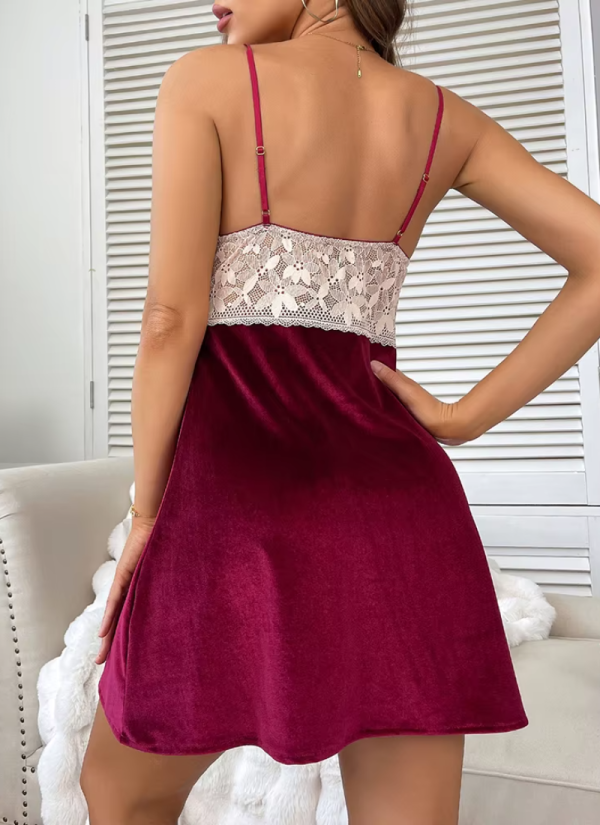 Velvet Pajamas V-Neck Backless Lace Splicing Slip Night Dress - Image 3