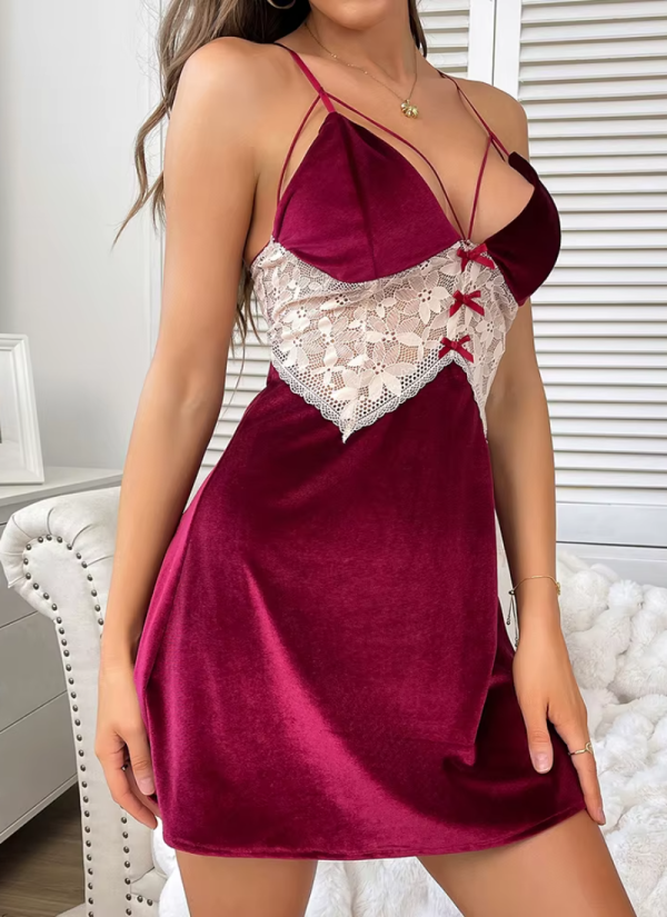 Velvet Pajamas V-Neck Backless Lace Splicing Slip Night Dress