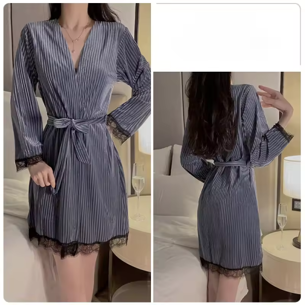 Suspender Simple Lace-up Robe Nightgown Underwear Pajamas Set - Image 3