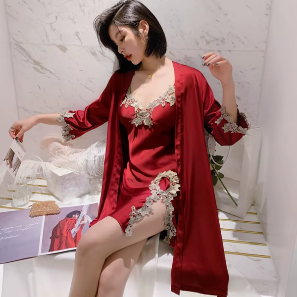 Long Sleeve V-Neck Sleep Nighty Robe Wear Pajamas Suit Set - Image 3