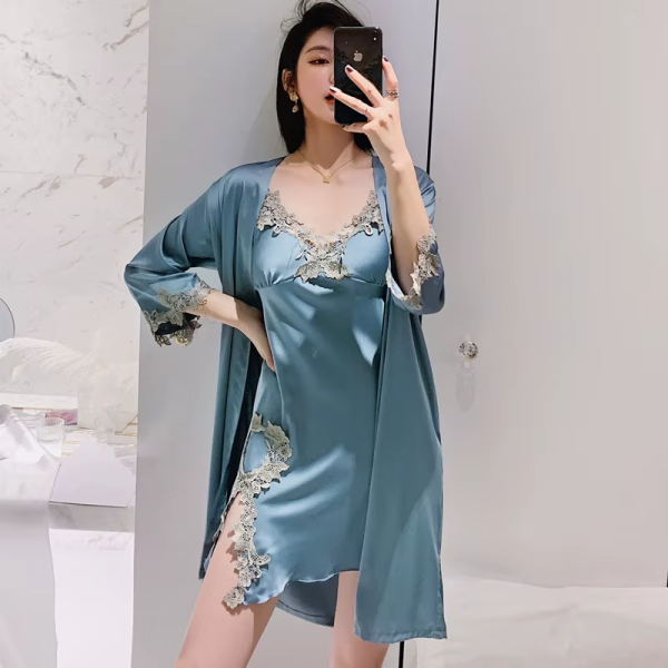 Long Sleeve V-Neck Sleep Nighty Robe Wear Pajamas Suit Set - Image 12