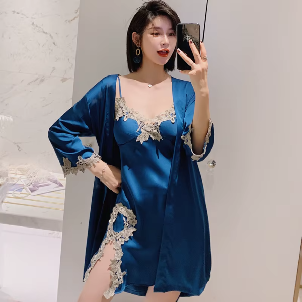 Long Sleeve V-Neck Sleep Nighty Robe Wear Pajamas Suit Set - Image 6