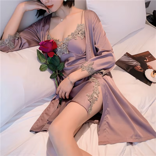 Long Sleeve V-Neck Sleep Nighty Robe Wear Pajamas Suit Set - Image 11