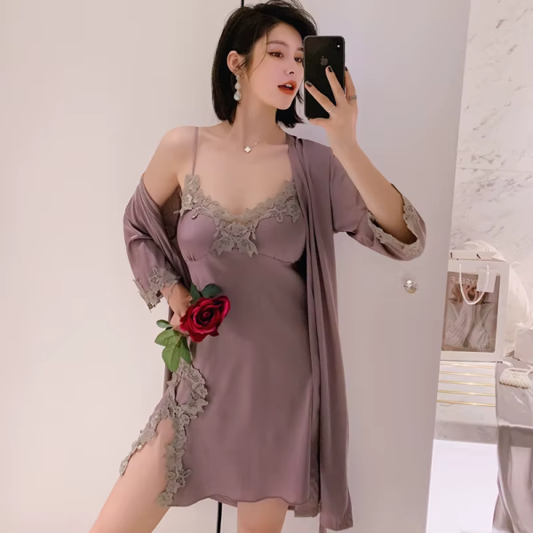 Long Sleeve V-Neck Sleep Nighty Robe Wear Pajamas Suit Set - Image 10