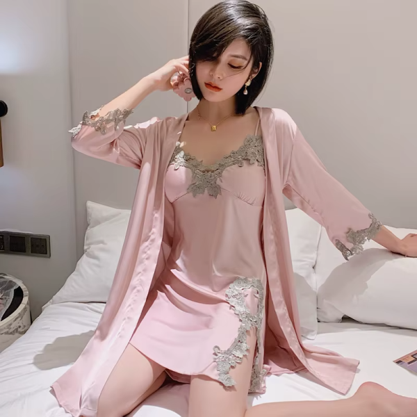 Long Sleeve V-Neck Sleep Nighty Robe Wear Pajamas Suit Set - Image 7