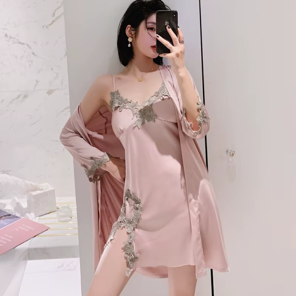 Long Sleeve V-Neck Sleep Nighty Robe Wear Pajamas Suit Set - Image 8