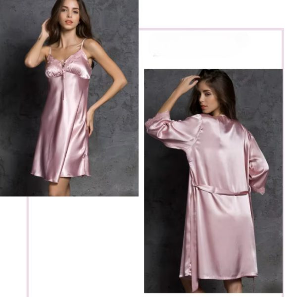 High Quality Three Quarter Sleeve V-neck Two Pieces Silk Robes Set - Image 7